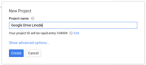 The new project window. I called my project Google Drive Linode The new project window. I called my project Google Drive Linode