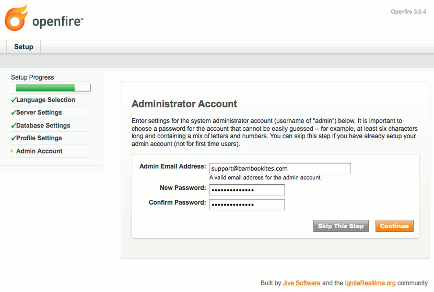 Administrator account settings in Openfire setup on Ubuntu 10.04 (Lucid). Administrator account settings in Openfire setup on Ubuntu 10.04 (Lucid).