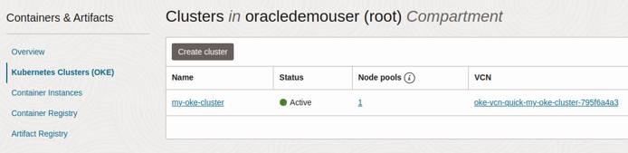 List of OKE clusters in Oracle Cloud console with one cluster selected.