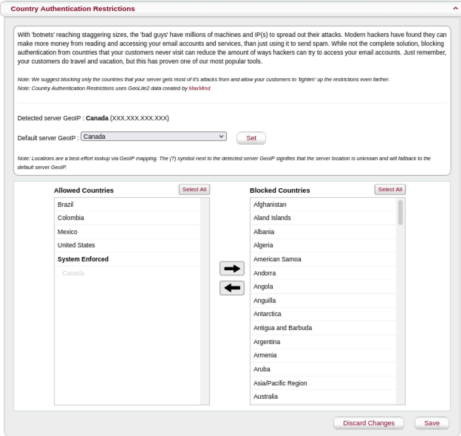 Country Authentication Restrictions Screenshot of country authentication restrictions page